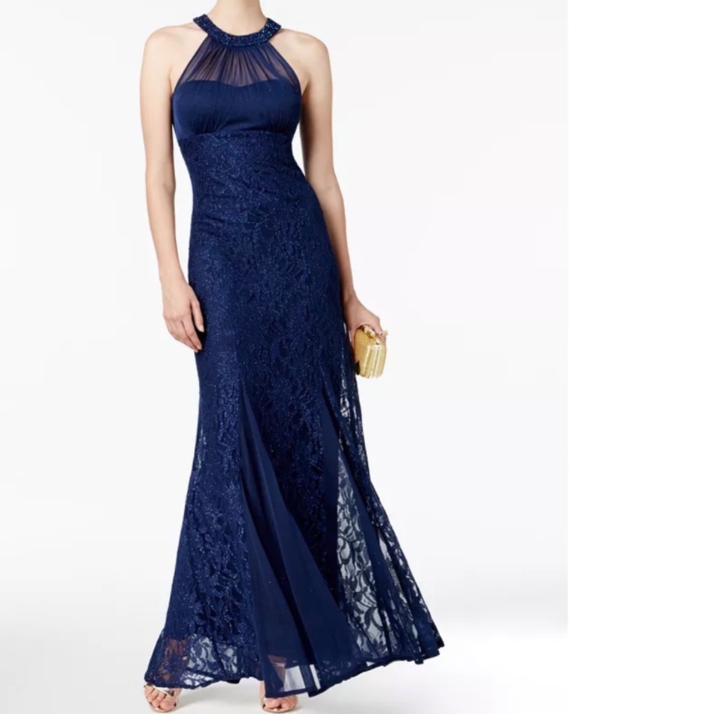 Nightway Formal Navy Blue Halter Gown with Lace Overlay – 4P